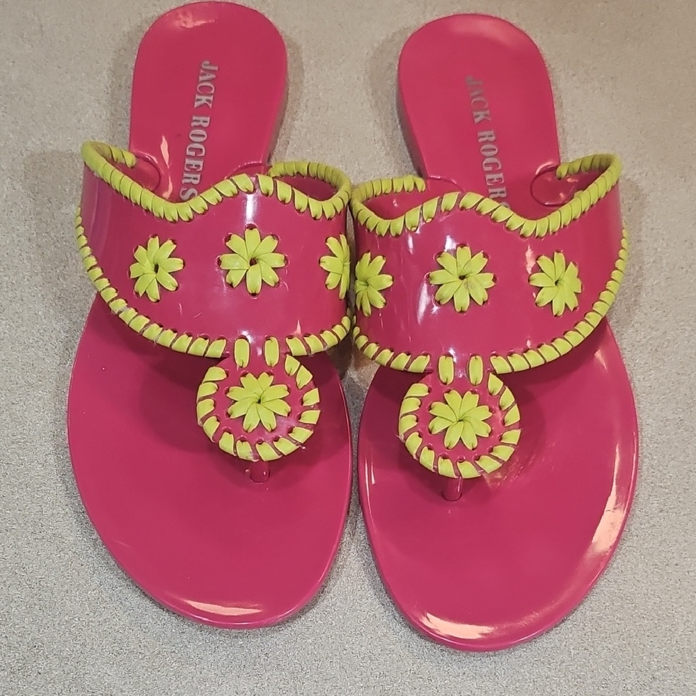Jack Rogers Pink Sandal Slides with Yellow Floral Trim